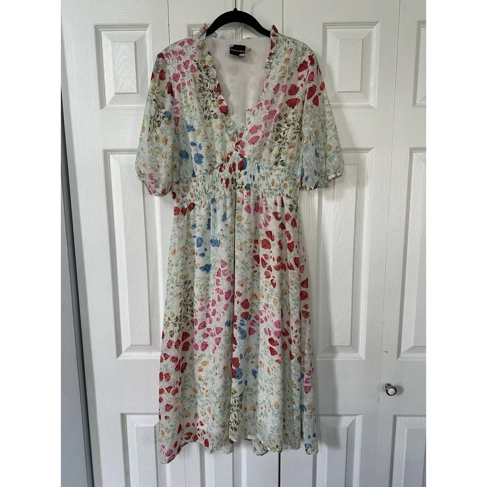 Maison Tara Floral Chiffon Clip Dot V Neck Smocked Midi Dress Size 10